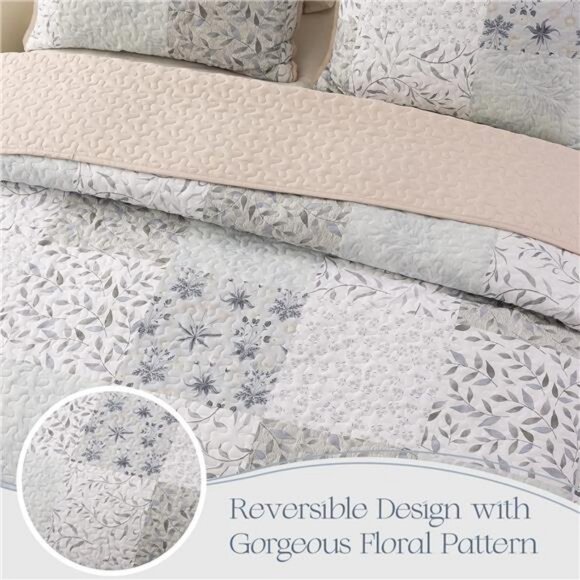 Reversible Boho Quilt Set Queen Size, 3 Pieces Patchwork Gray - Picture 3 of 7